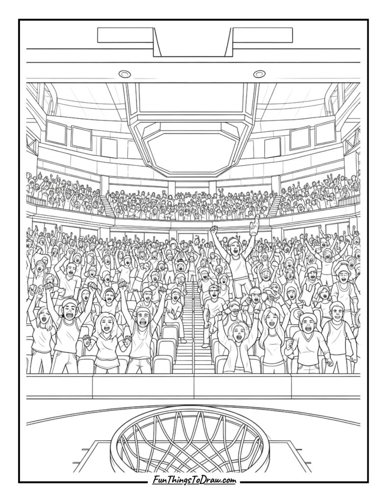 Crowd cheering at basketball arena
