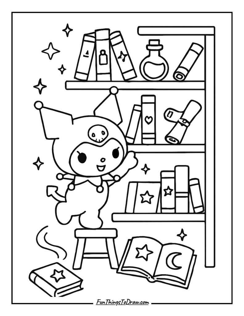 Kuromi in a library of magical books and scrolls