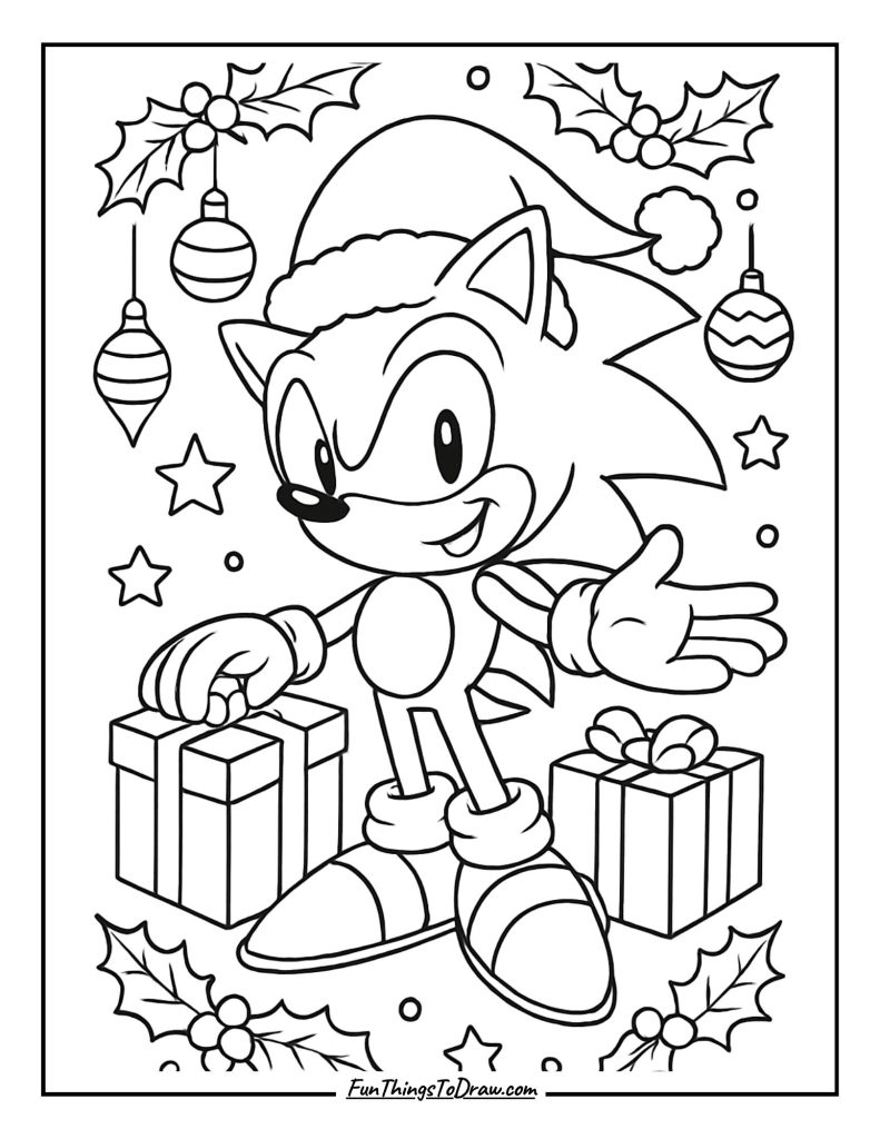 Sonic at Christmas with presents and decorations