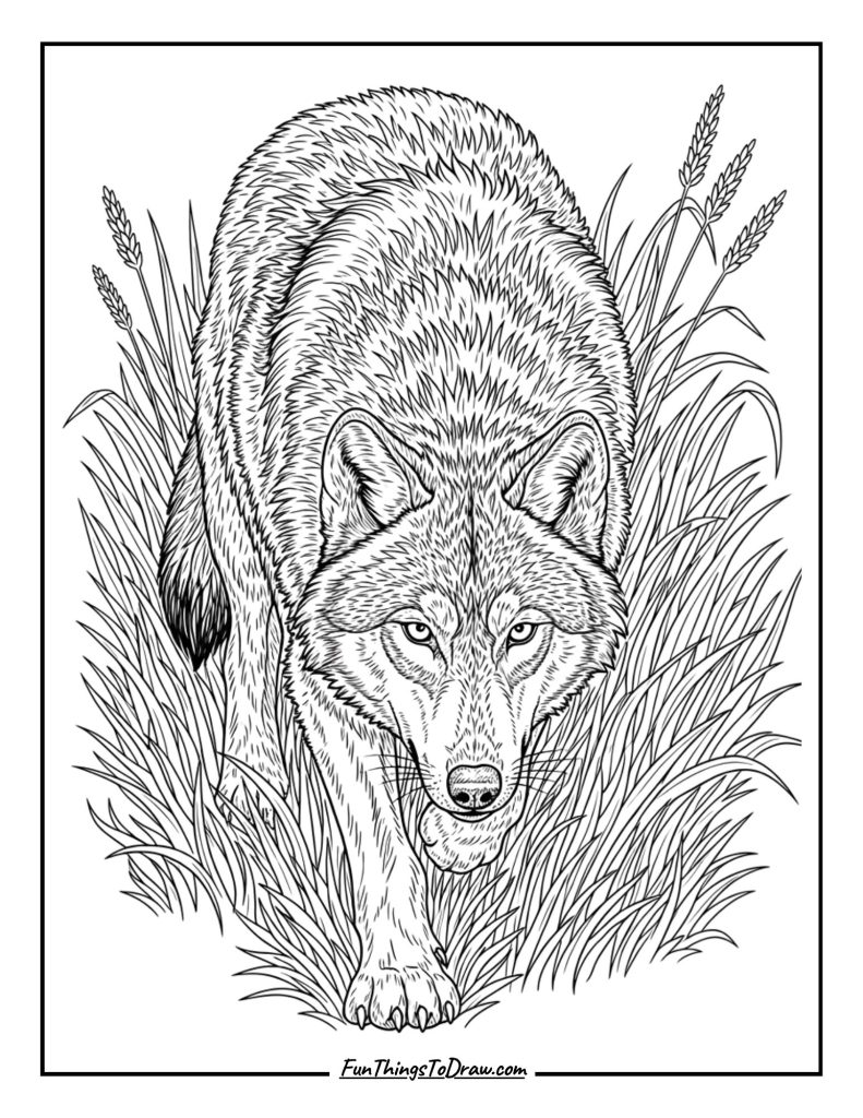 Wolf hunting_stalking through tall grass