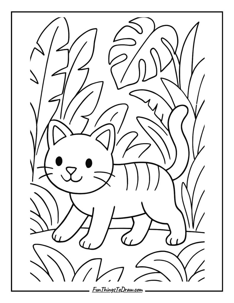  A jungle-themed cat walking among giant leaves