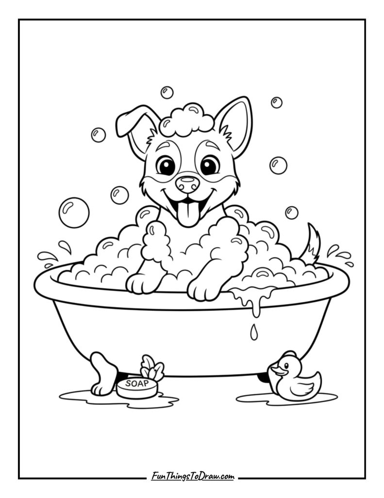 Bath time pup covered in mountains of soap bubbles