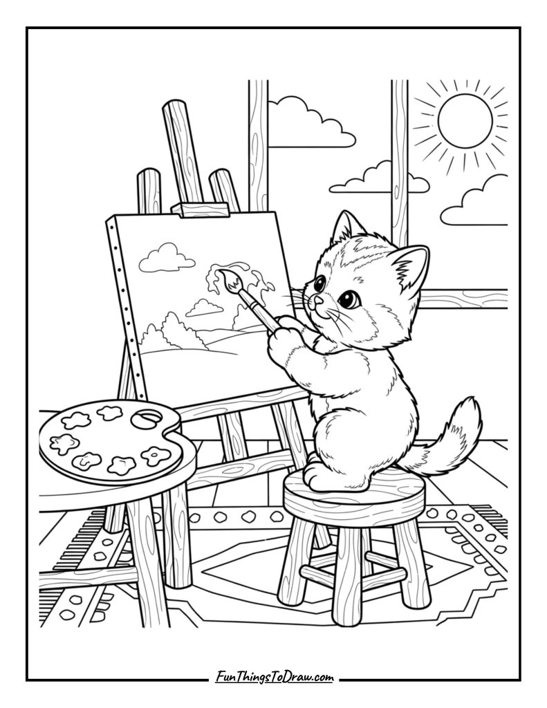 Kitten painting on an easel