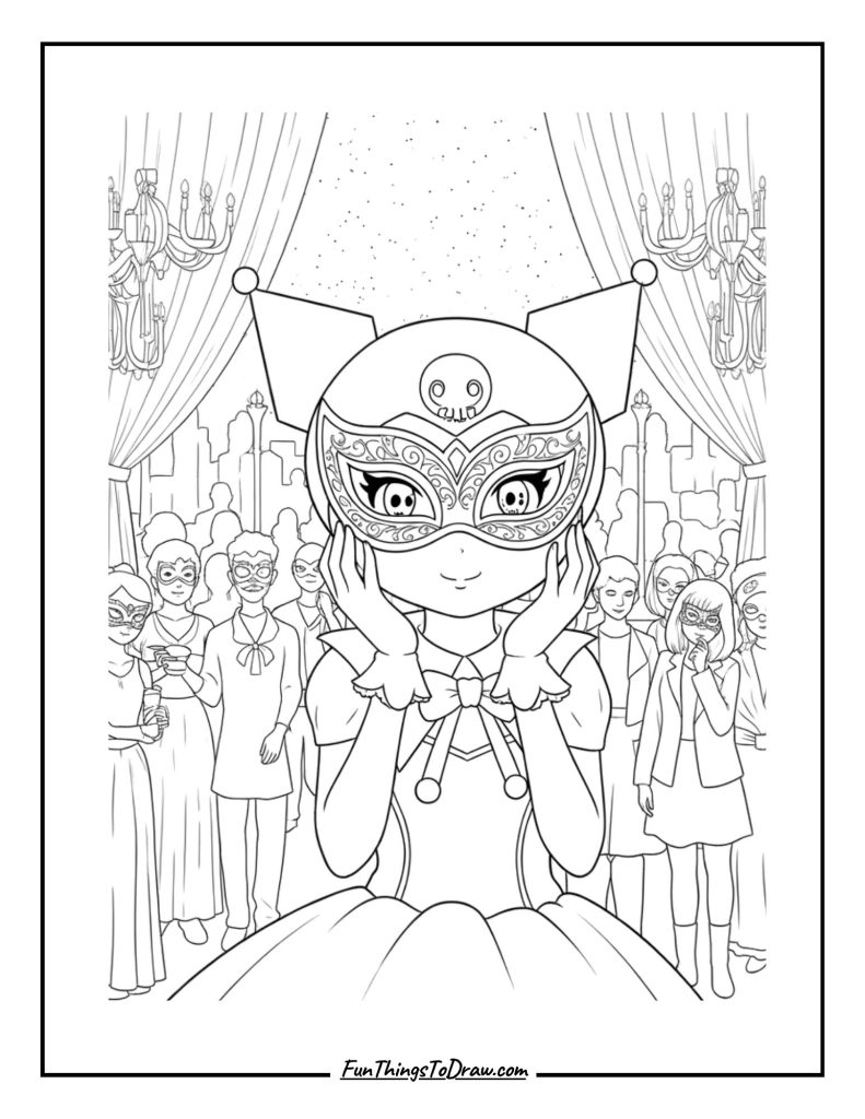 Kuromi with a masquerade ball crowd behind her
