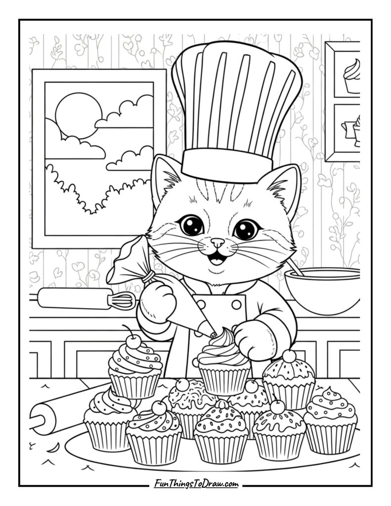 Kitten baker with chef hat and cupcakes