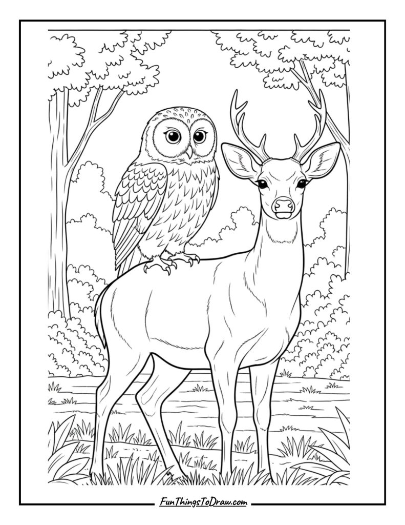Owl sits on a deer's back