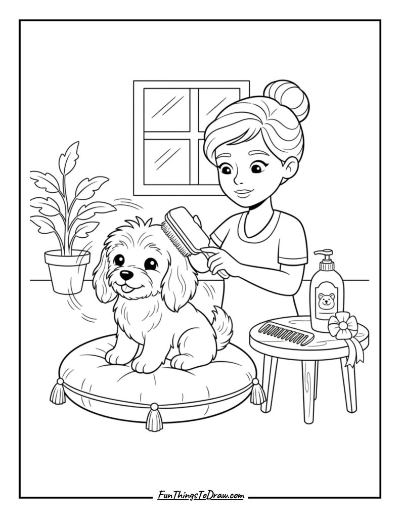 Pampered puppy being brushed during grooming session