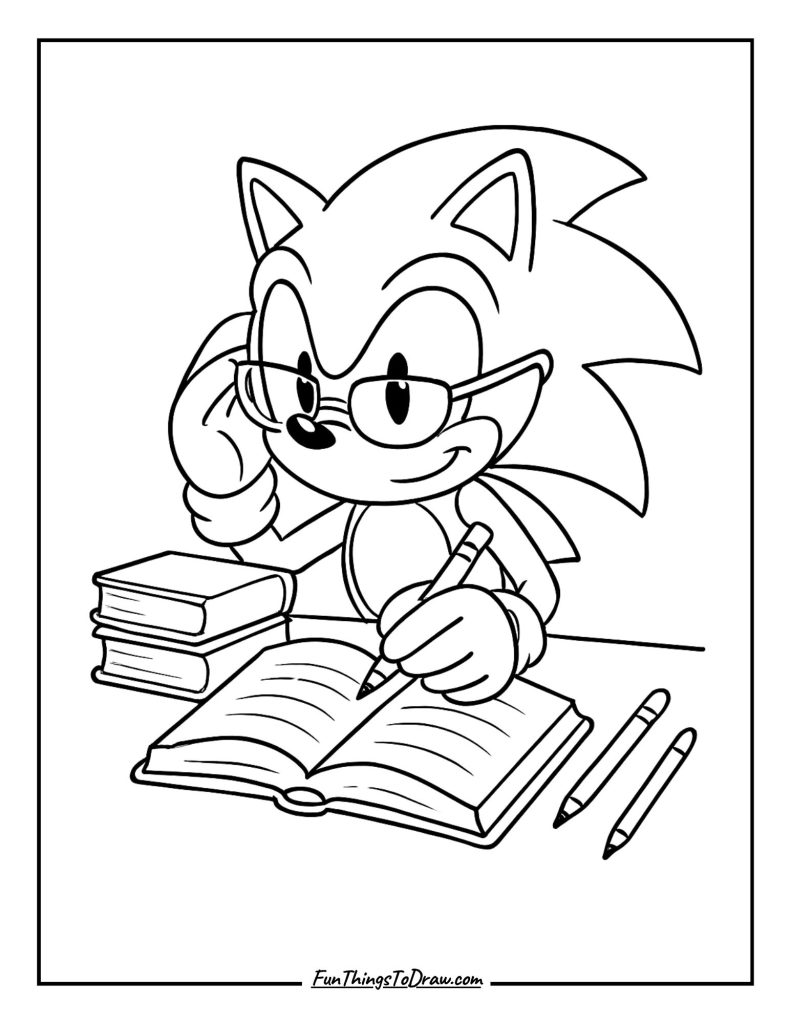 Sonic studying with books and pencils