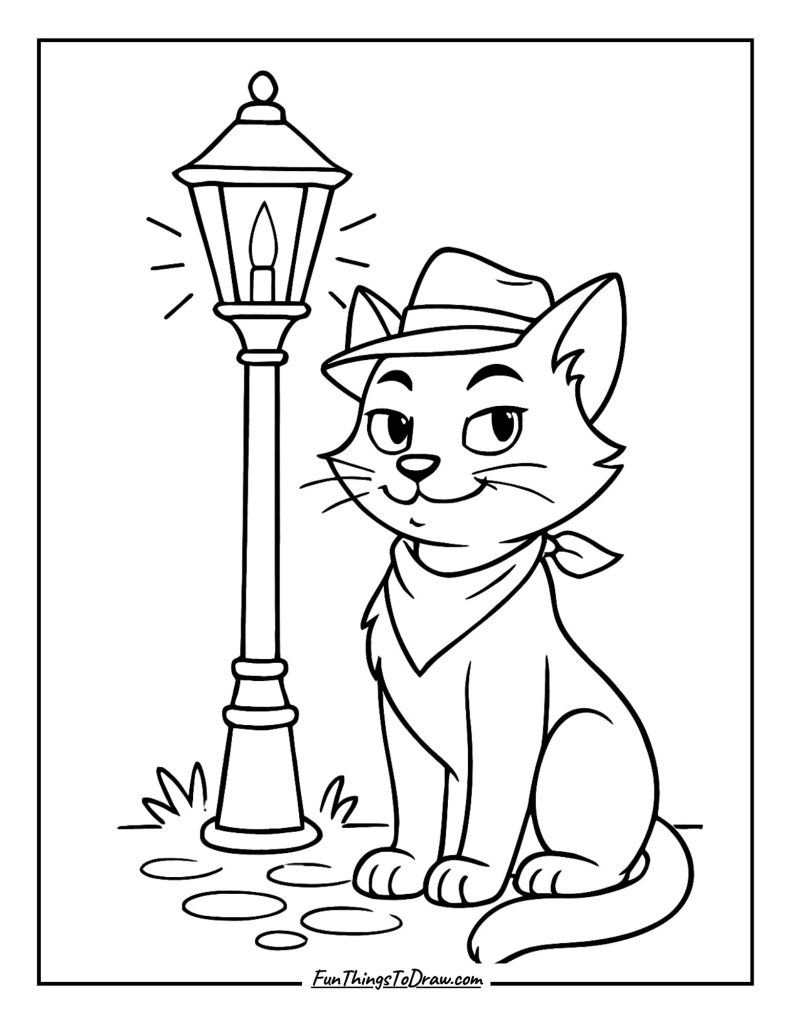Street-smart cat sitting near a glowing lamppost