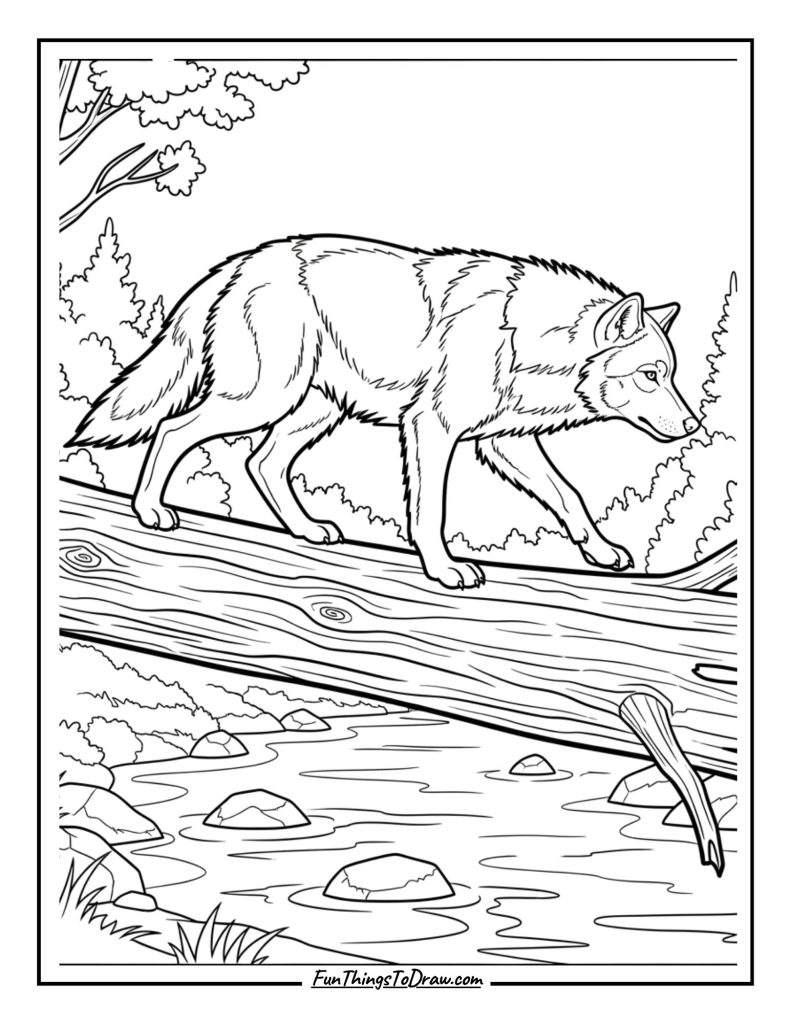 Wolf crossing a fallen log over a river