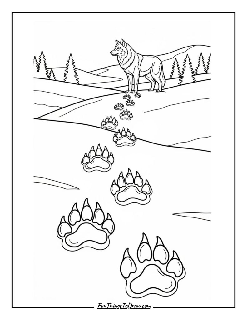 Wolf tracks in snow leading to a distant wolf figure