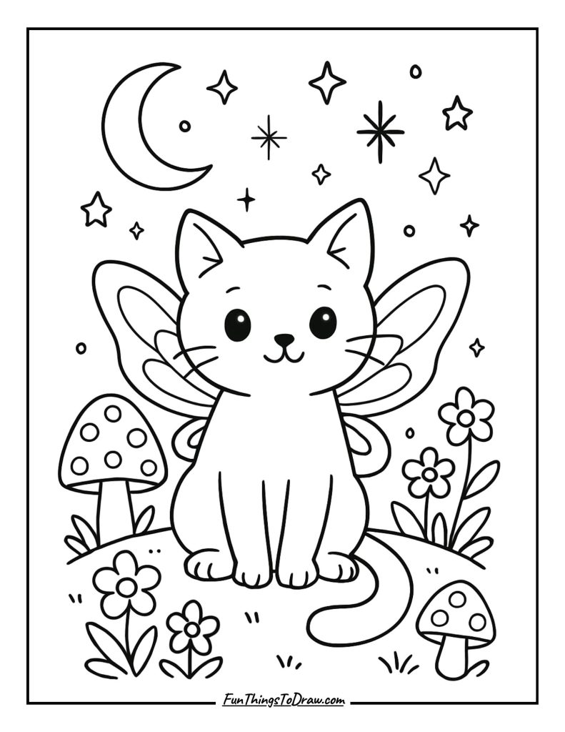 A magical scene with a cat wearing tiny fairy wings