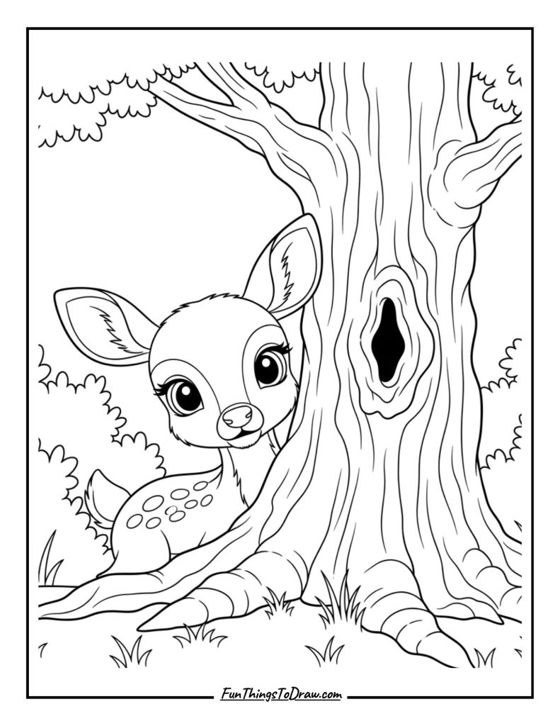 Fawn peeks out from behind a tree trunk