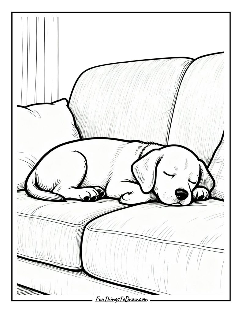 Sleepy puppy napping contentedly on the living room sofa
