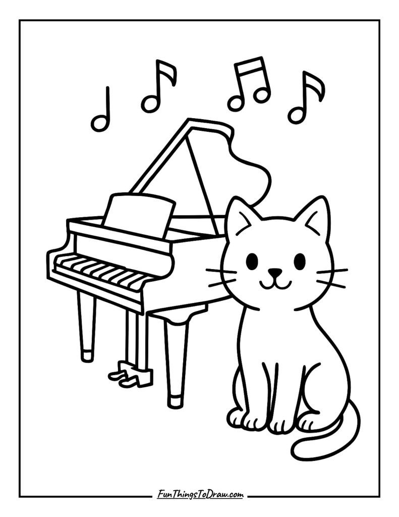 Cat sitting beside an open piano with musical notes floating