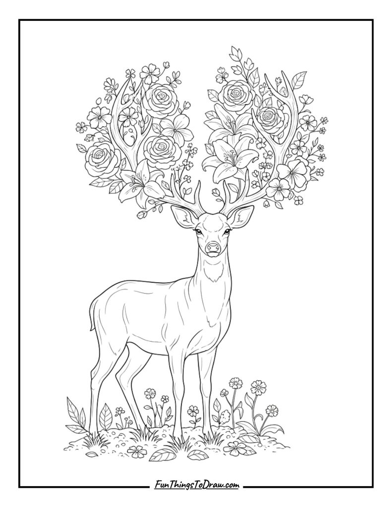 Deer with flowers blooming from its antlers