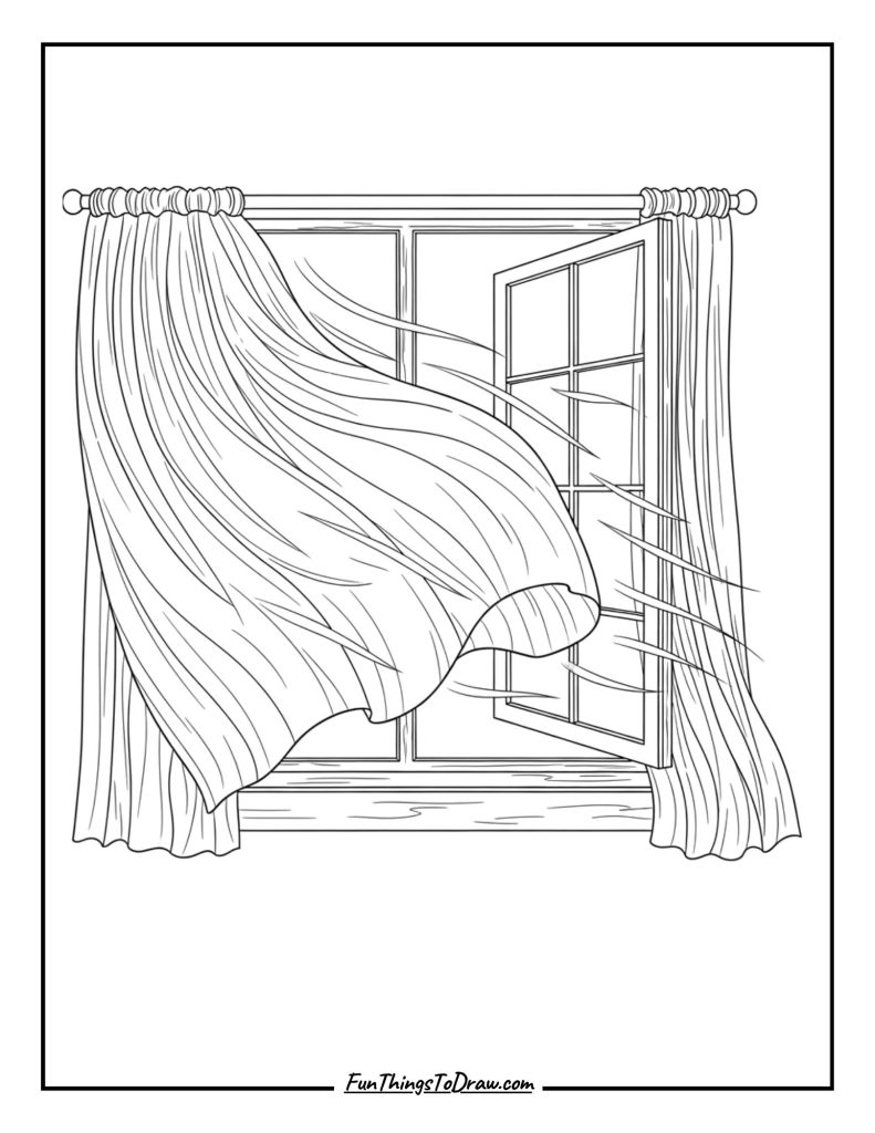 Window with curtains blowing