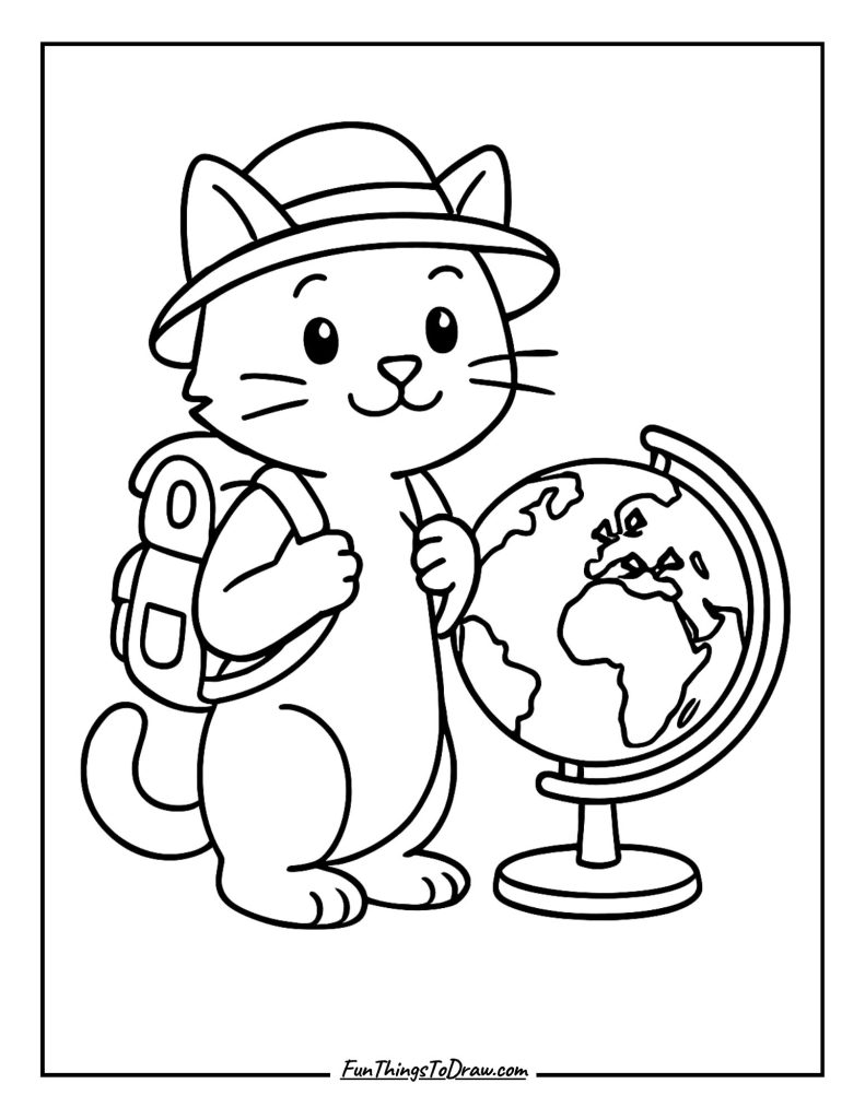 A traveler cat with a backpack beside a globe