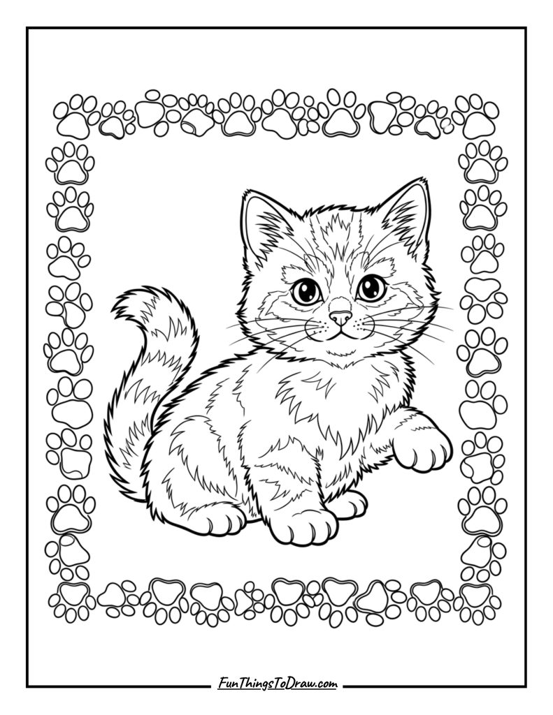 Kitten with paw prints border design