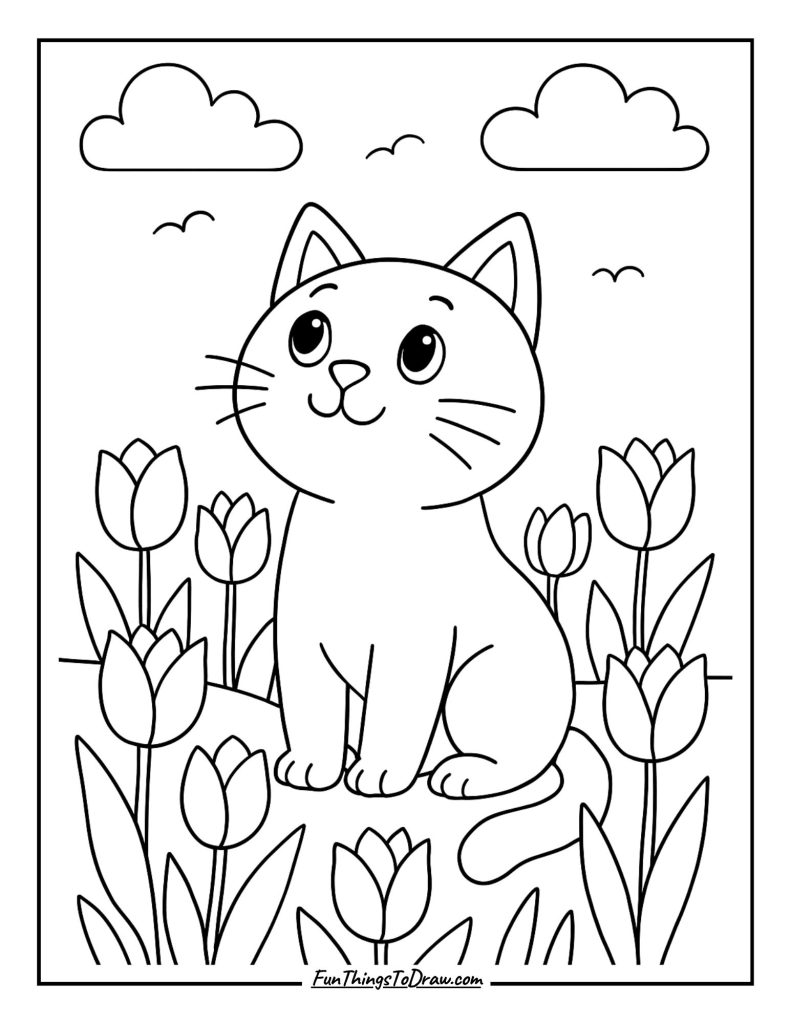 Cat in a field of tulips gazing up at the sky