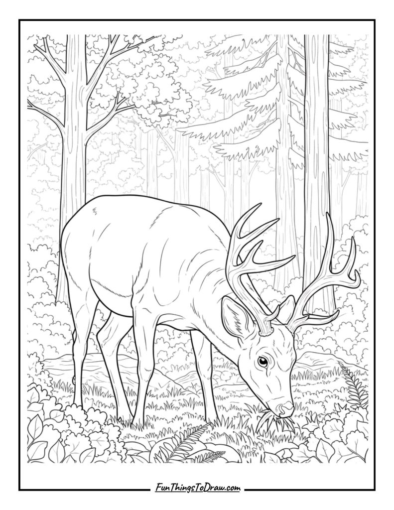 Deer grazes peacefully in a foggy forest