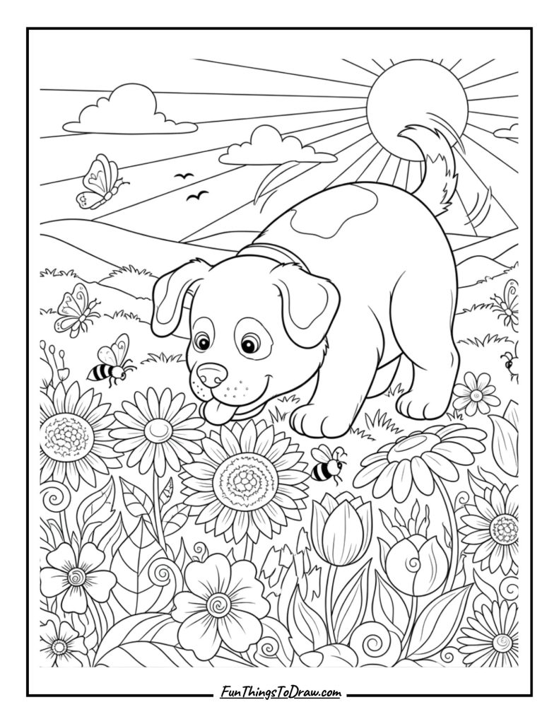 Happy puppy sniffing beautiful blooms in a sunny meadow
