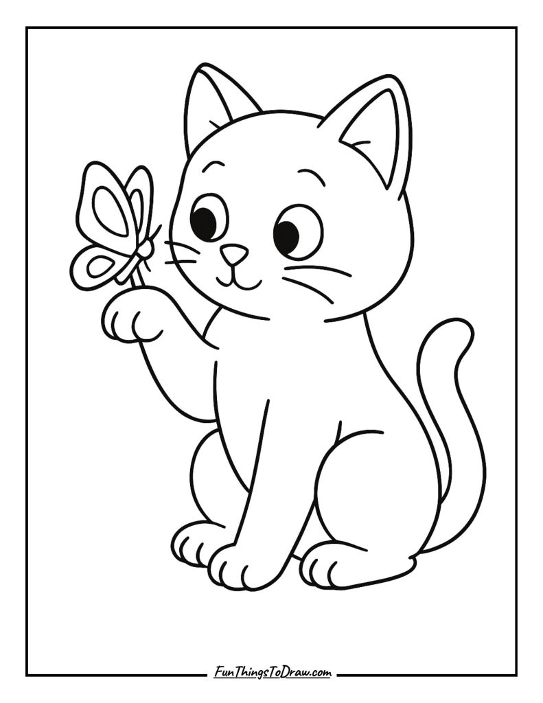 A curious cat staring at a butterfly landing on its paw