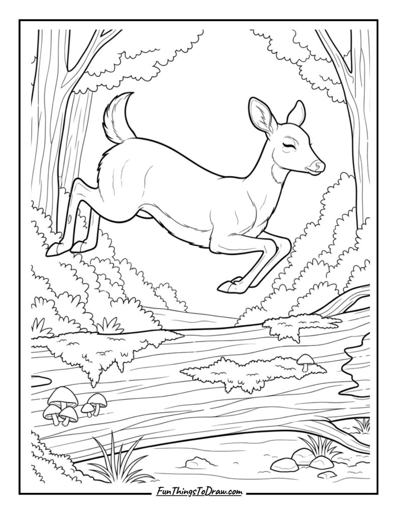 Doe leaps gracefully over a fallen log