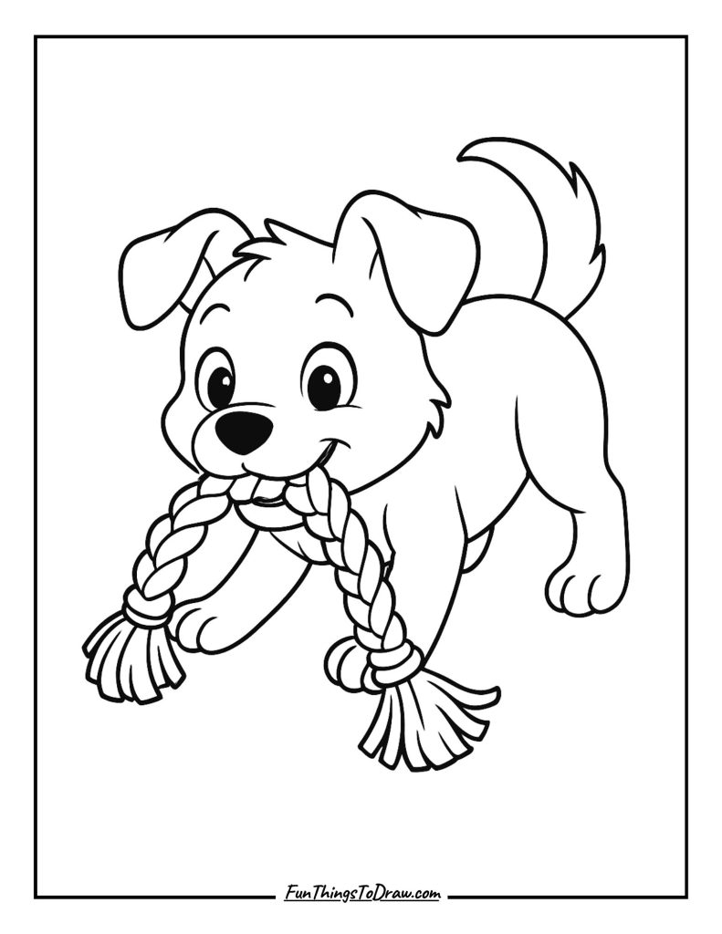 Energetic puppy playing tug of war with a colorful rope toy
