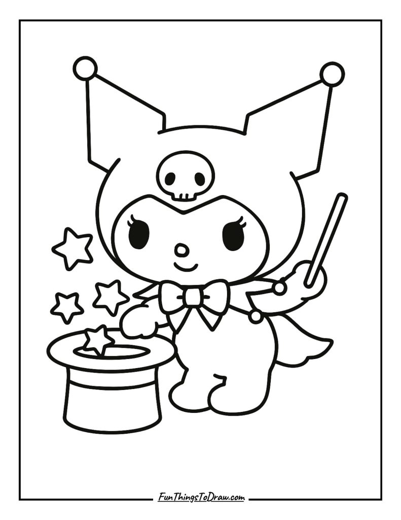 Kuromi dressed as a magician, pulling stars from a hat