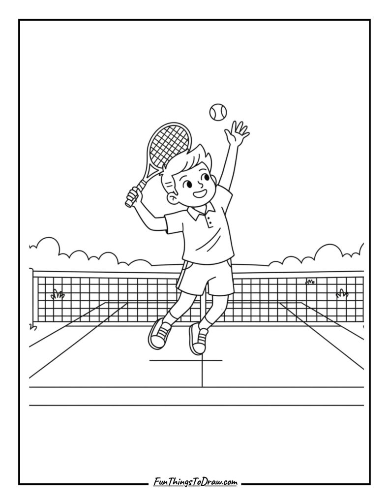 Tennis player serving across the net