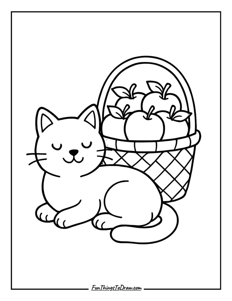 Cat resting beside a basket of fresh apples