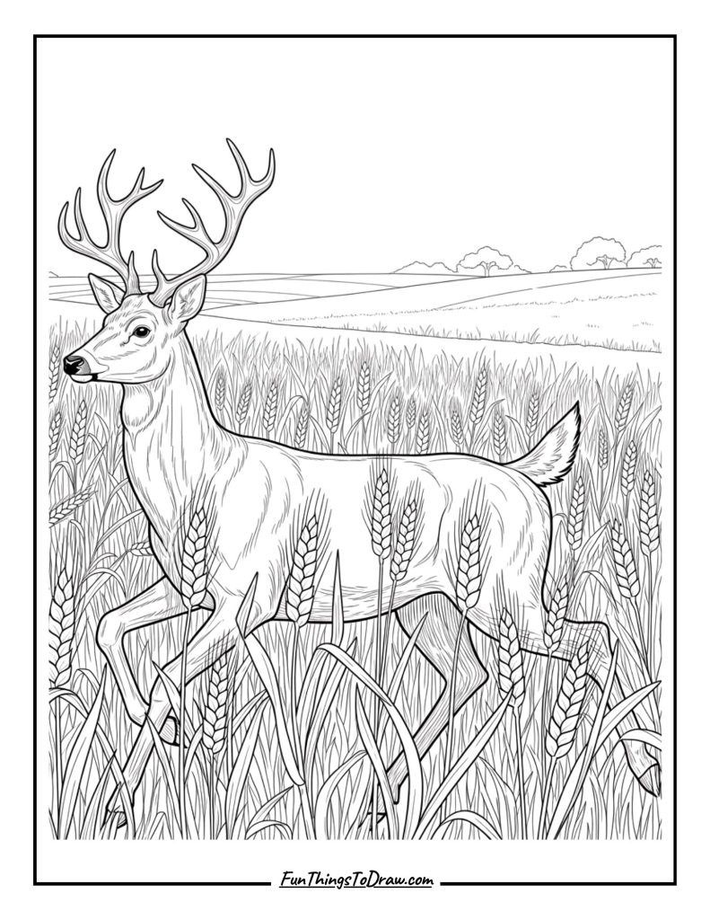 Deer runs through tall wheat fields