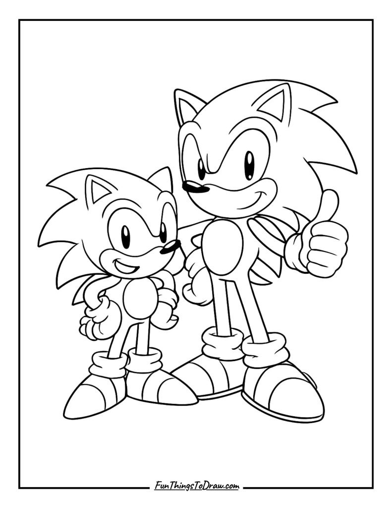 Sonic with his younger self (classic Sonic) side by side