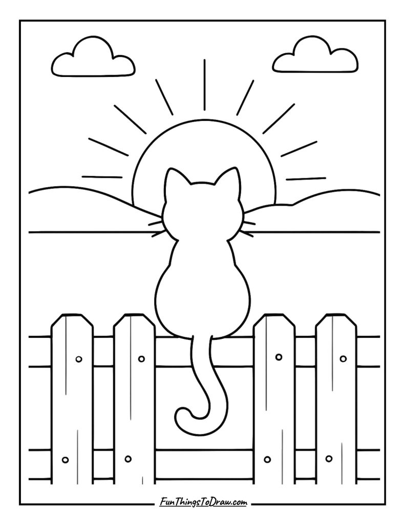 Cat perched high on a fence watching the sunset