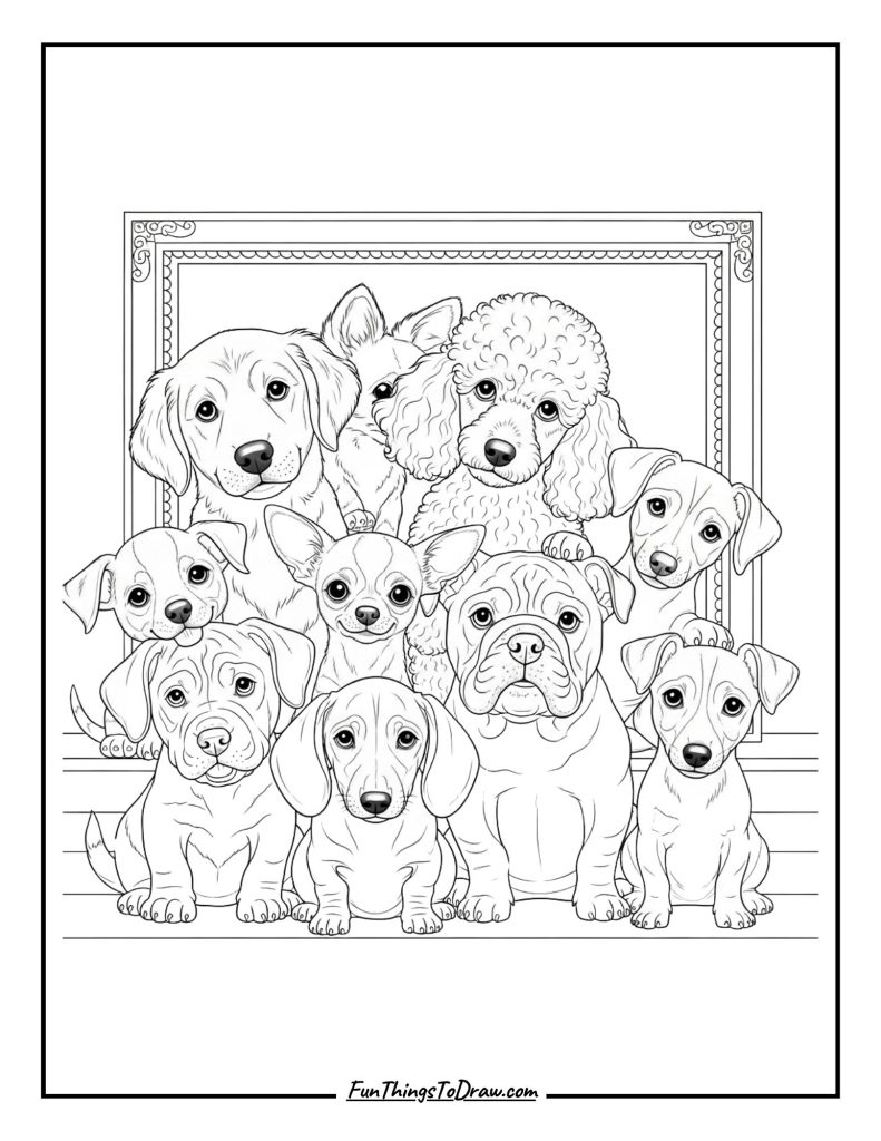 Family of puppies in a portrait featuring multiple breeds