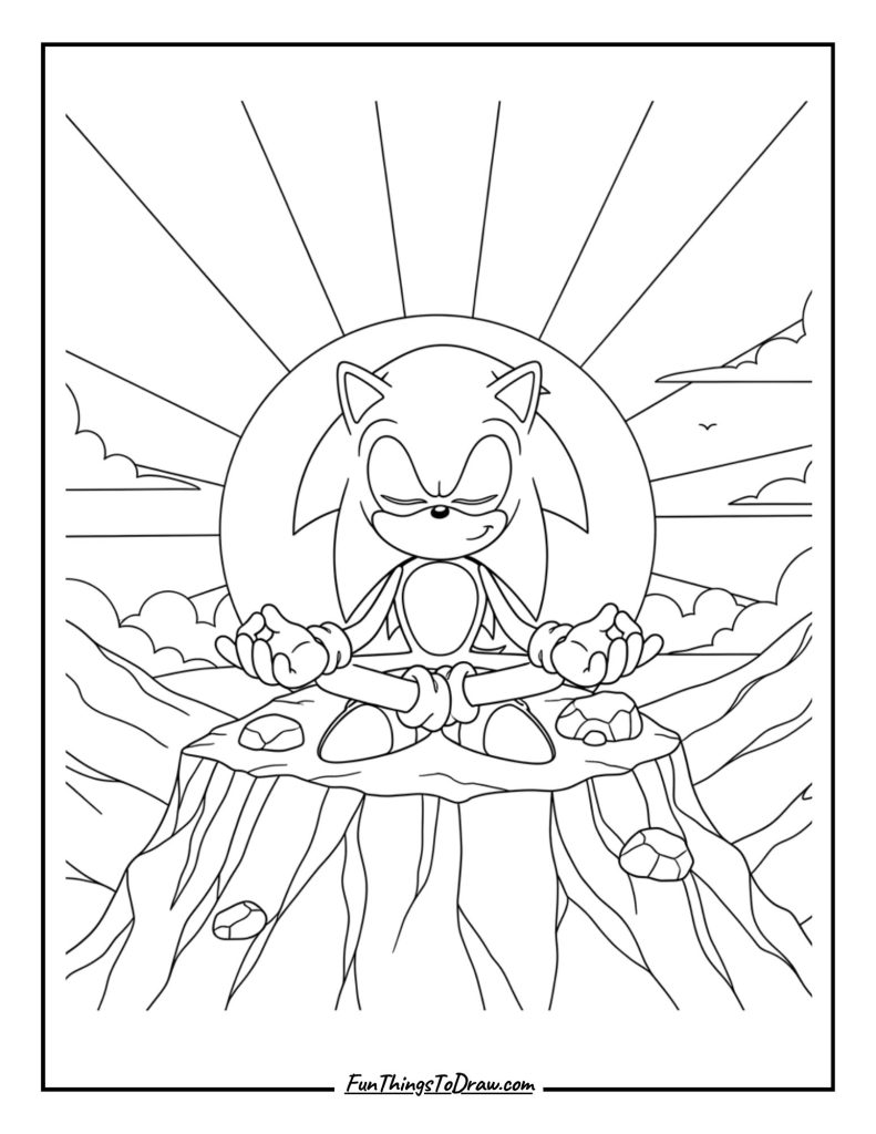 Sonic meditating peacefully on a mountain top