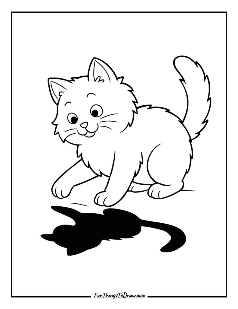 A fluffy cat playing with its own shadow