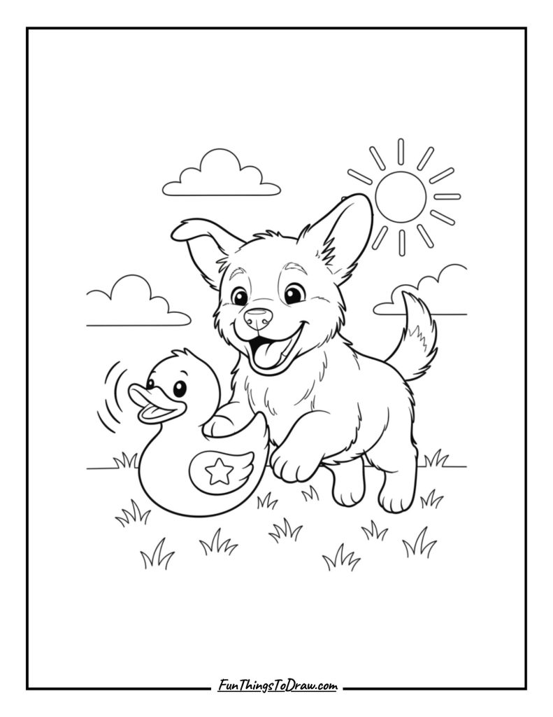 Joyful puppy having fun with a noisy squeaky toy