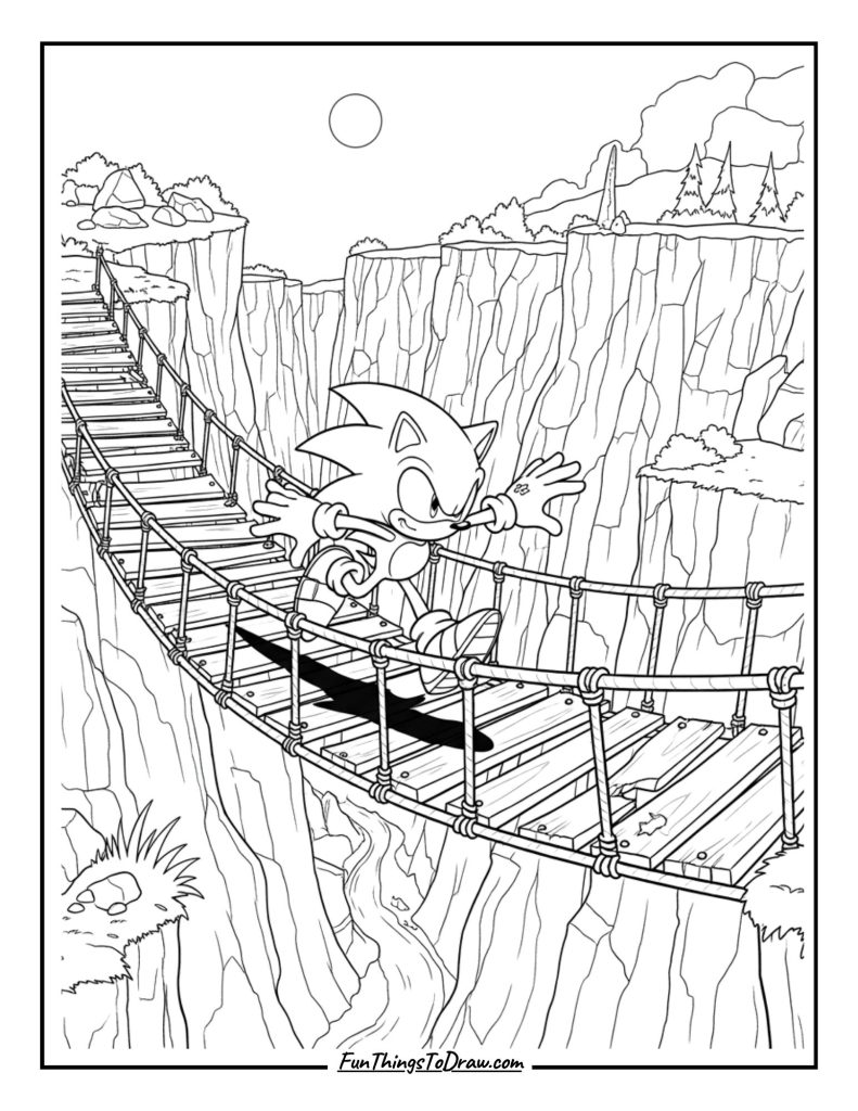 Sonic crossing a rope bridge over a canyon