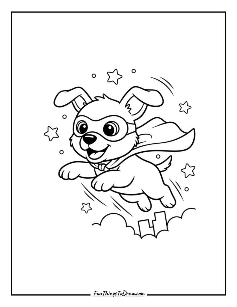 Superhero puppy flying through the air in a cape