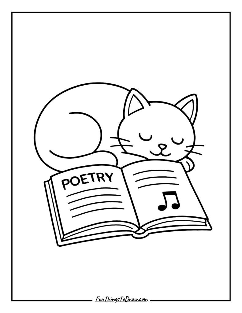 Cat sleeping beside an open book of poetry