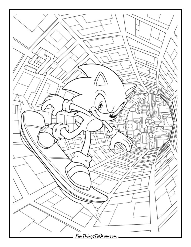 Sonic riding a hoverboard through neon tunnels