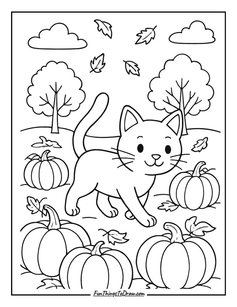 Cat walking through a pumpkin patch in autumn