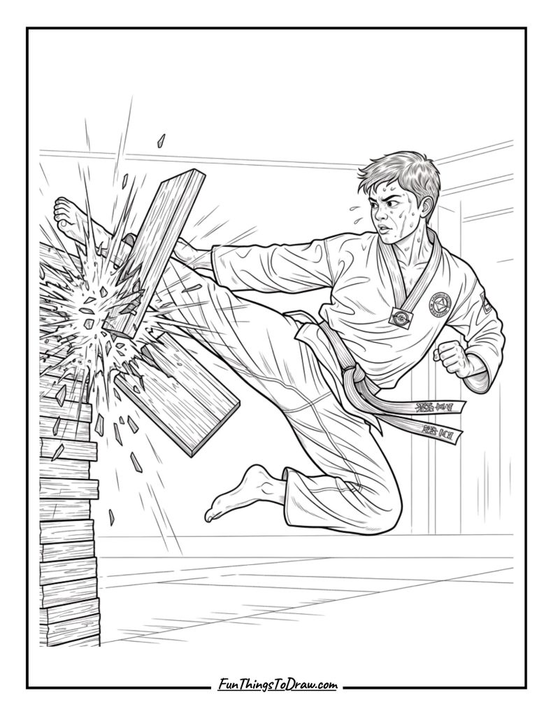 Taekwondo fighter breaking boards