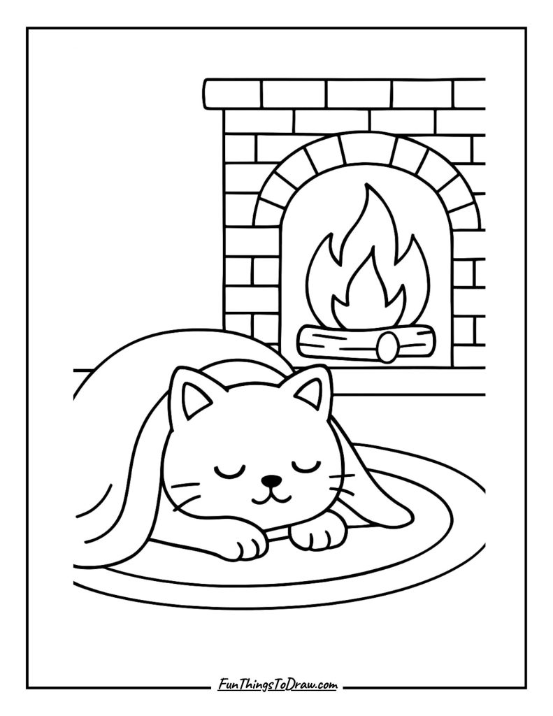 A sleepy cat under a warm blanket near a fireplace
