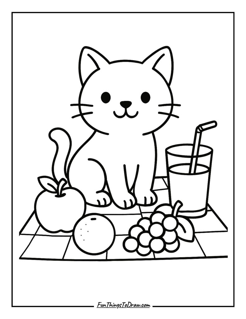 Cat sitting on a picnic cloth with fruit and juice
