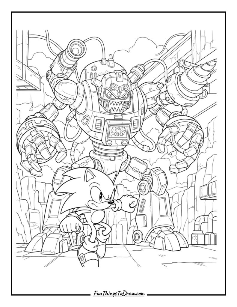 Sonic fighting a giant boss robot