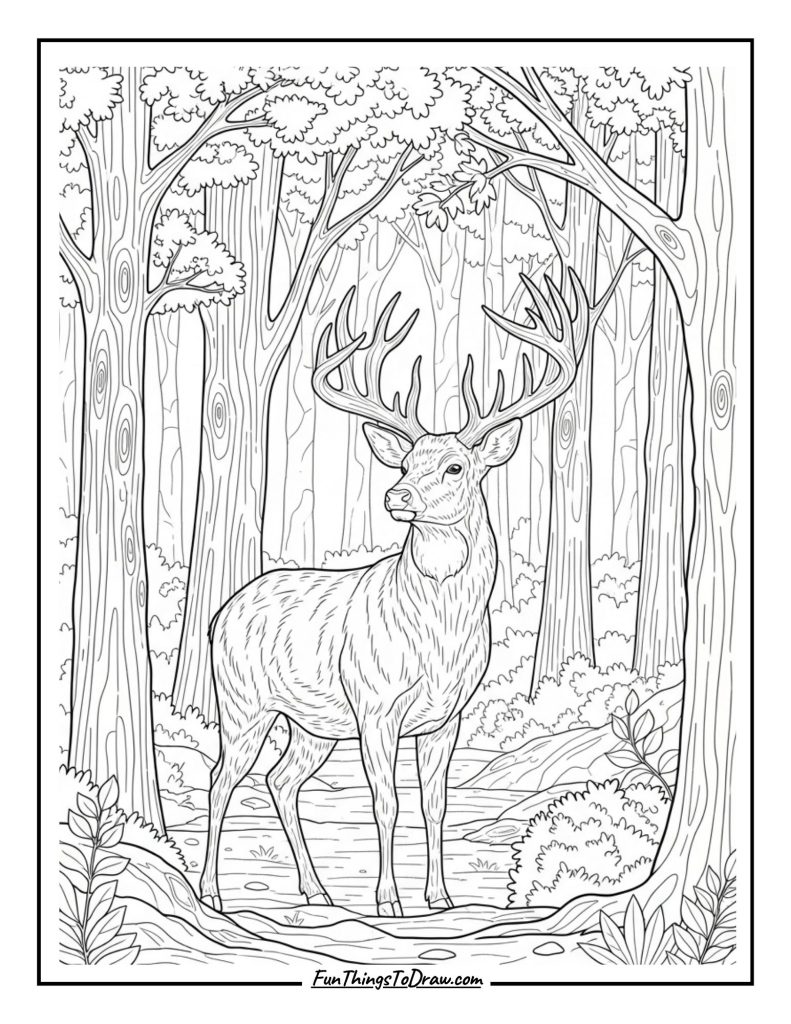 Buck with impressive antlers surveys the forest