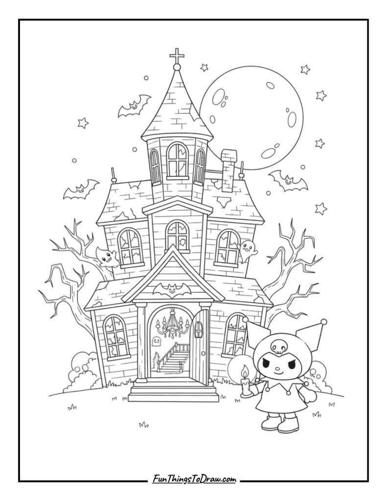 Kuromi exploring a haunted mansion at night